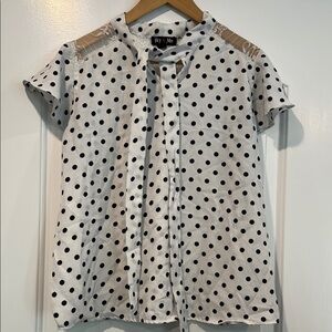 🔵 IKY & ME WHITE BLOUSE WITH BLACK POLKA DOTS & LACE SHOULDER DETAIL SIZE LARGE